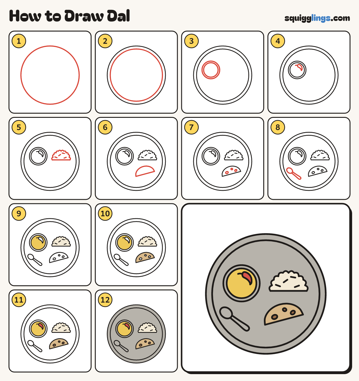 How to Draw Dal step by step: all 12 steps in one picture