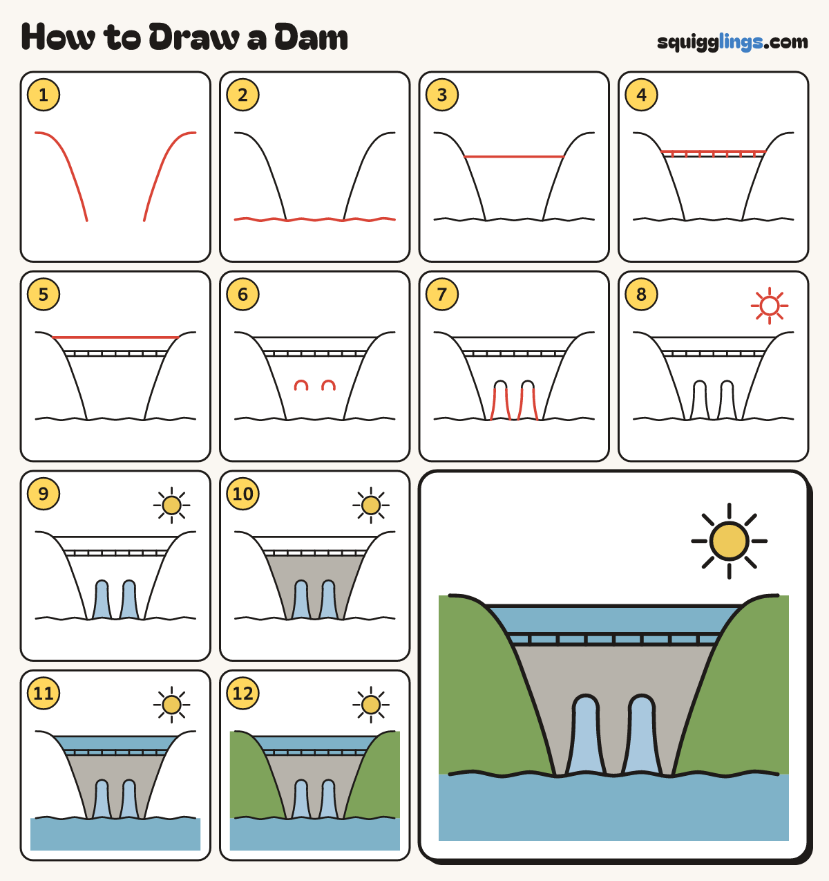 How to Draw a Dam step by step: all 12 steps in one picture