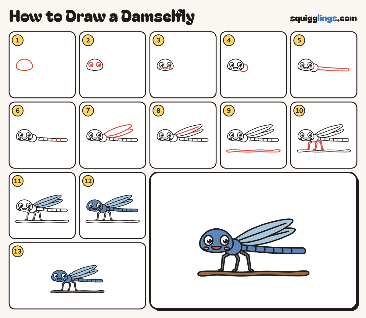How to Draw a Damselfly step by step: all 13 steps in one picture