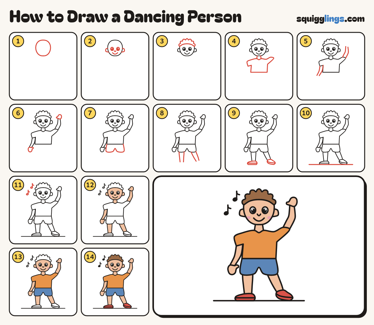 How to Draw a Dancing Person step by step: all 14 steps in one picture