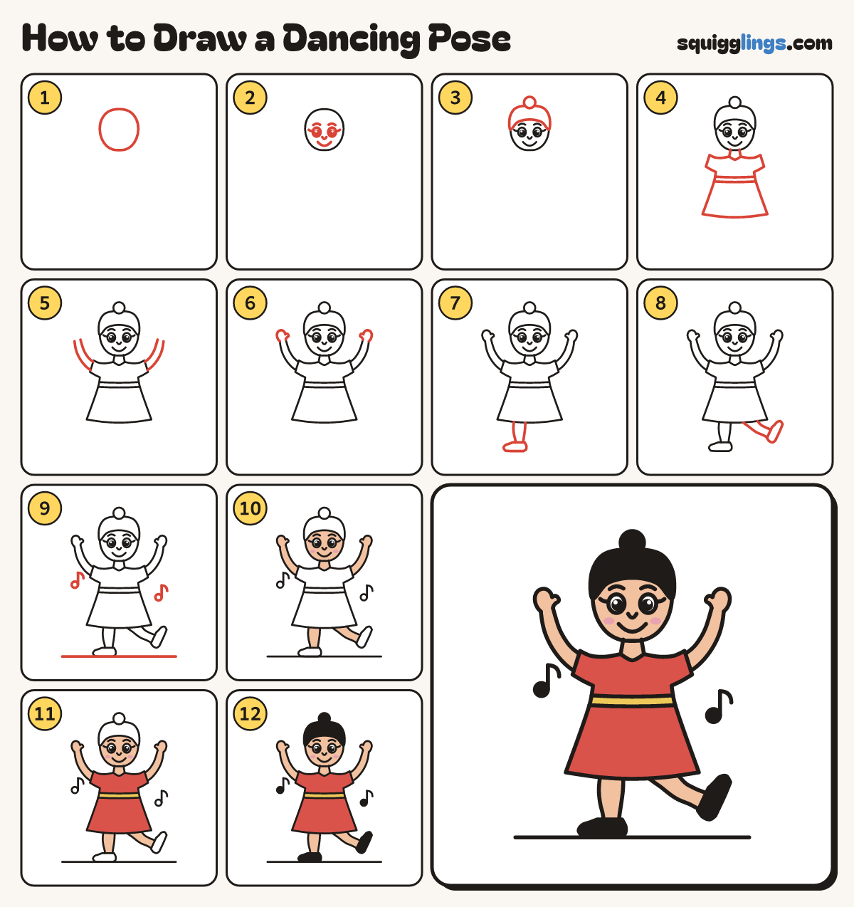 How to Draw a Dancing Pose step by step: all 12 steps in one picture
