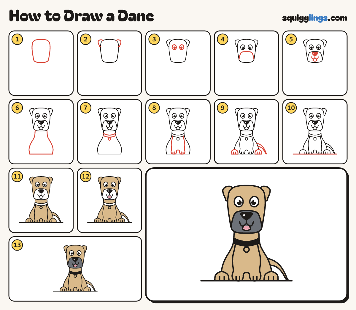 How to Draw a Dane step by step: all 13 steps in one picture