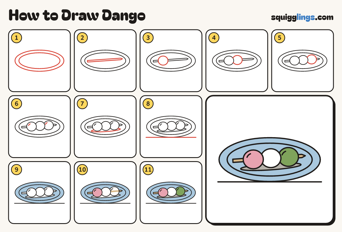 How to Draw Dango step by step: all 11 steps in one picture