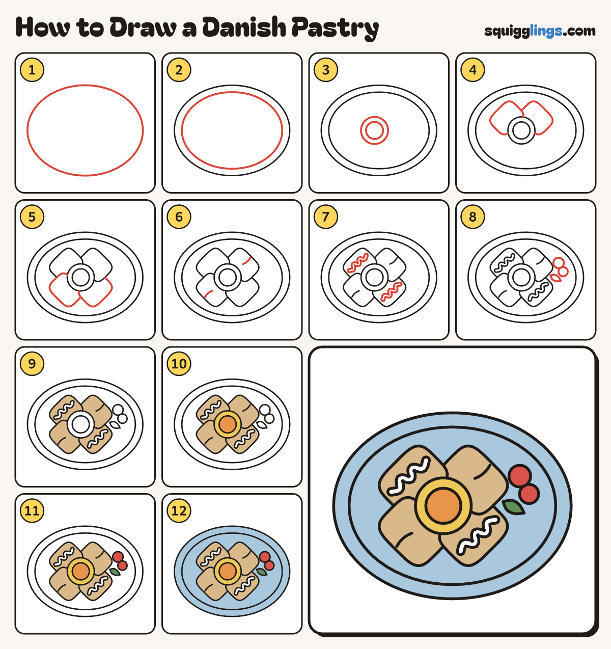 How to Draw a Danish Pastry step by step: all 12 steps in one picture