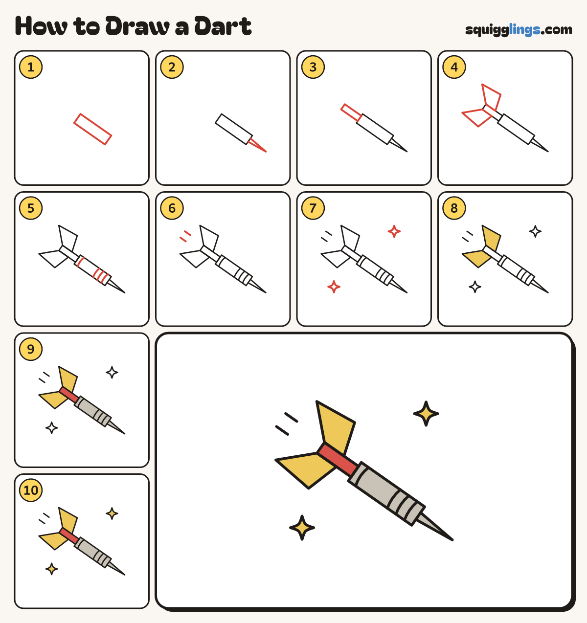 How to Draw a Dart step by step: all 10 steps in one picture