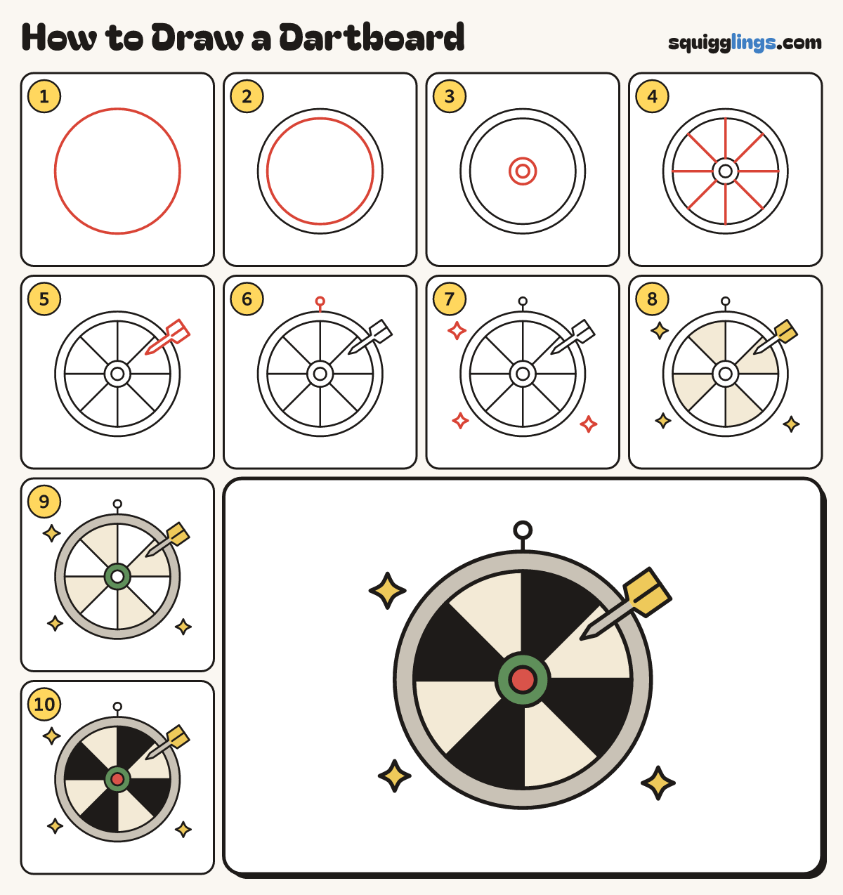 How to Draw a Dartboard step by step: all 10 steps in one picture