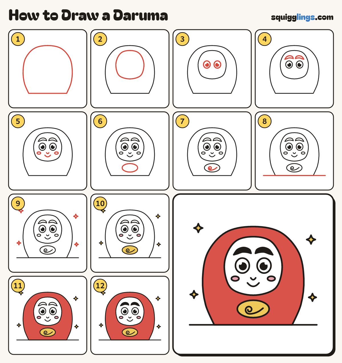 How to Draw a Daruma step by step: all 12 steps in one picture