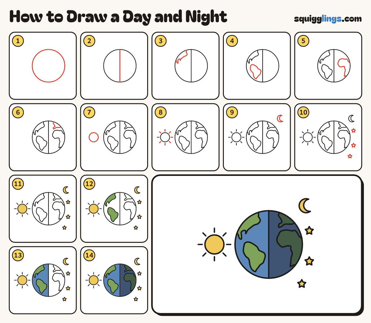 How to Draw a Day and Night step by step: all 14 steps in one picture