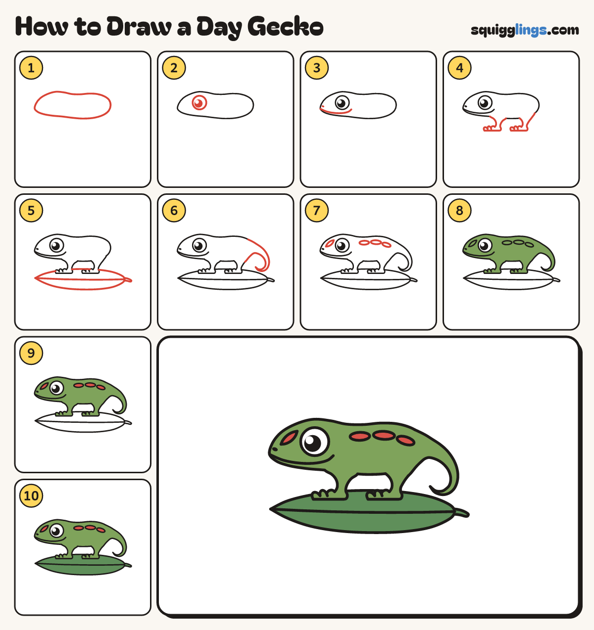How to Draw a Day Gecko step by step: all 10 steps in one picture