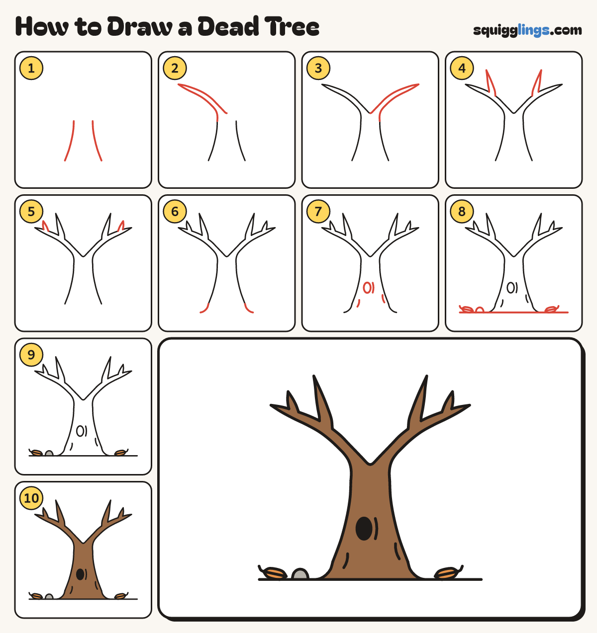 How to Draw a Dead Tree step by step: all 10 steps in one picture