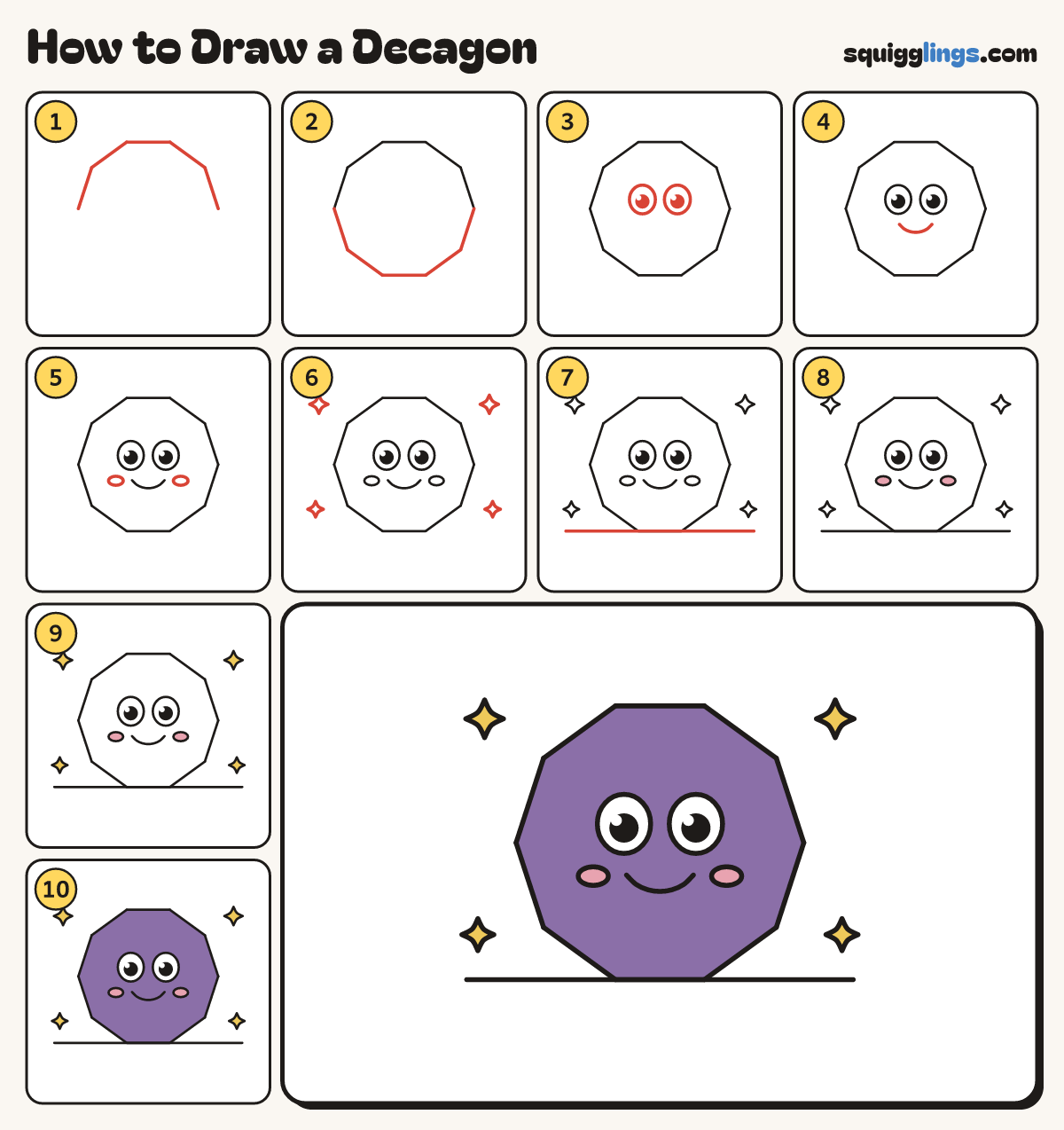 How to Draw a Decagon step by step: all 10 steps in one picture
