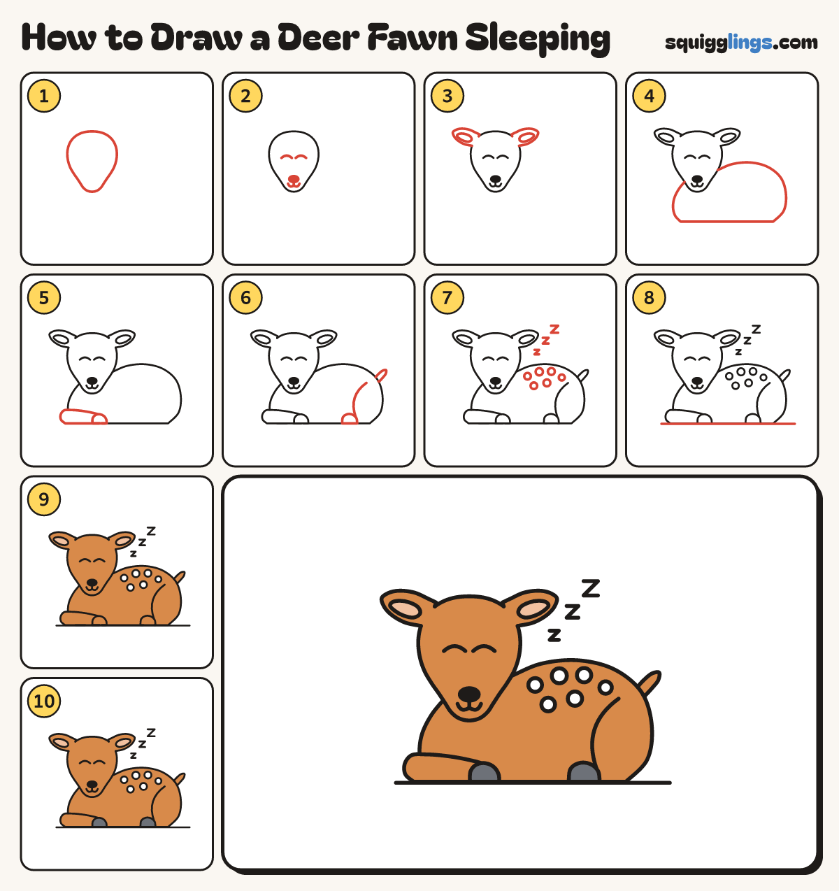 How to Draw a Deer Fawn Sleeping step by step: all 10 steps in one picture