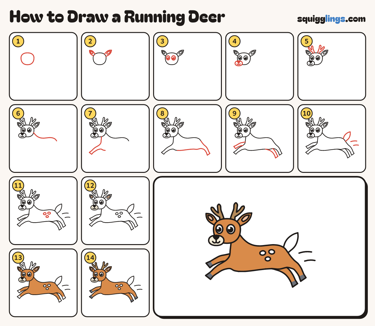 How to Draw a Running Deer step by step: all 14 steps in one picture
