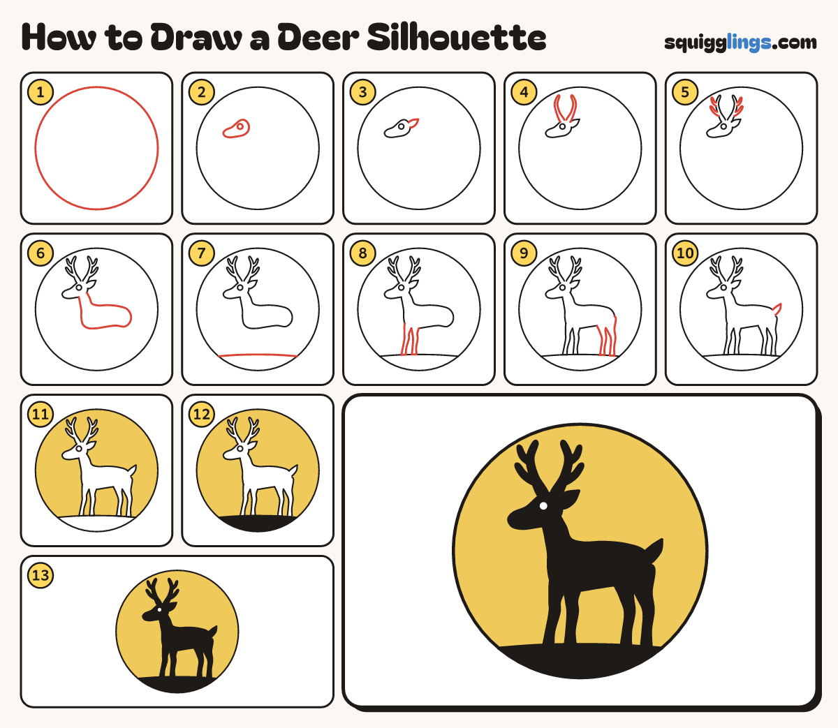 How to Draw a Deer Silhouette step by step: all 13 steps in one picture