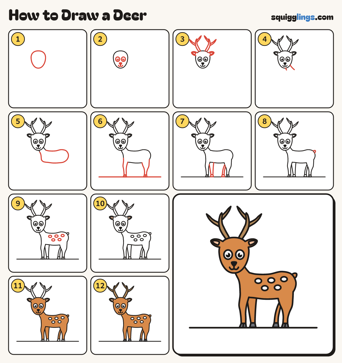 How to Draw a Deer step by step: all 12 steps in one picture