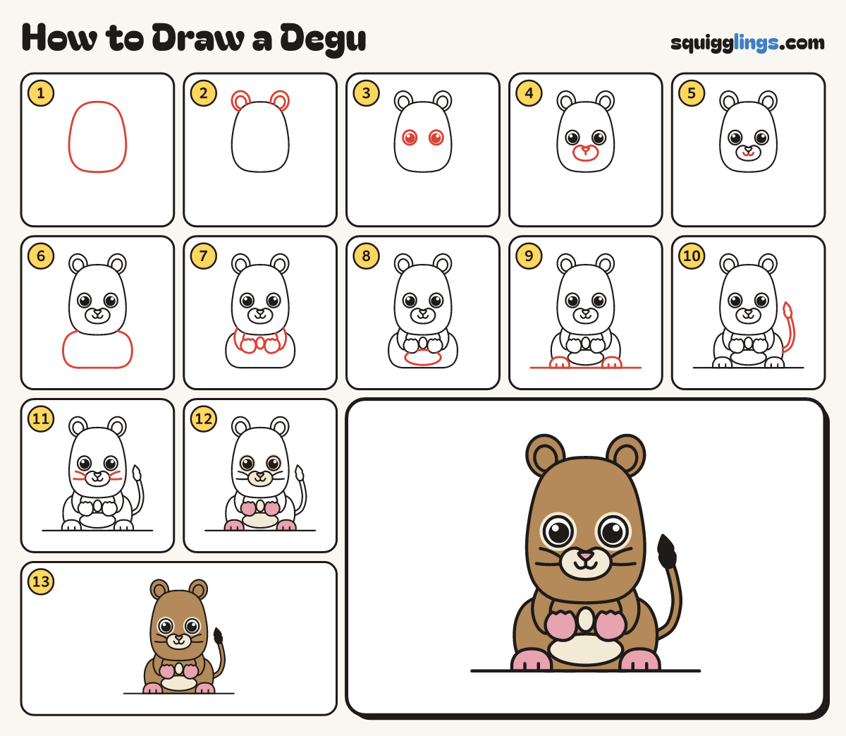 How to Draw a Degu step by step: all 13 steps in one picture