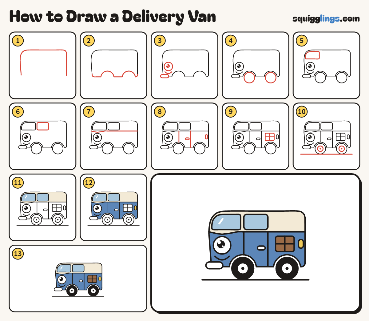 How to Draw a Delivery Van step by step: all 13 steps in one picture