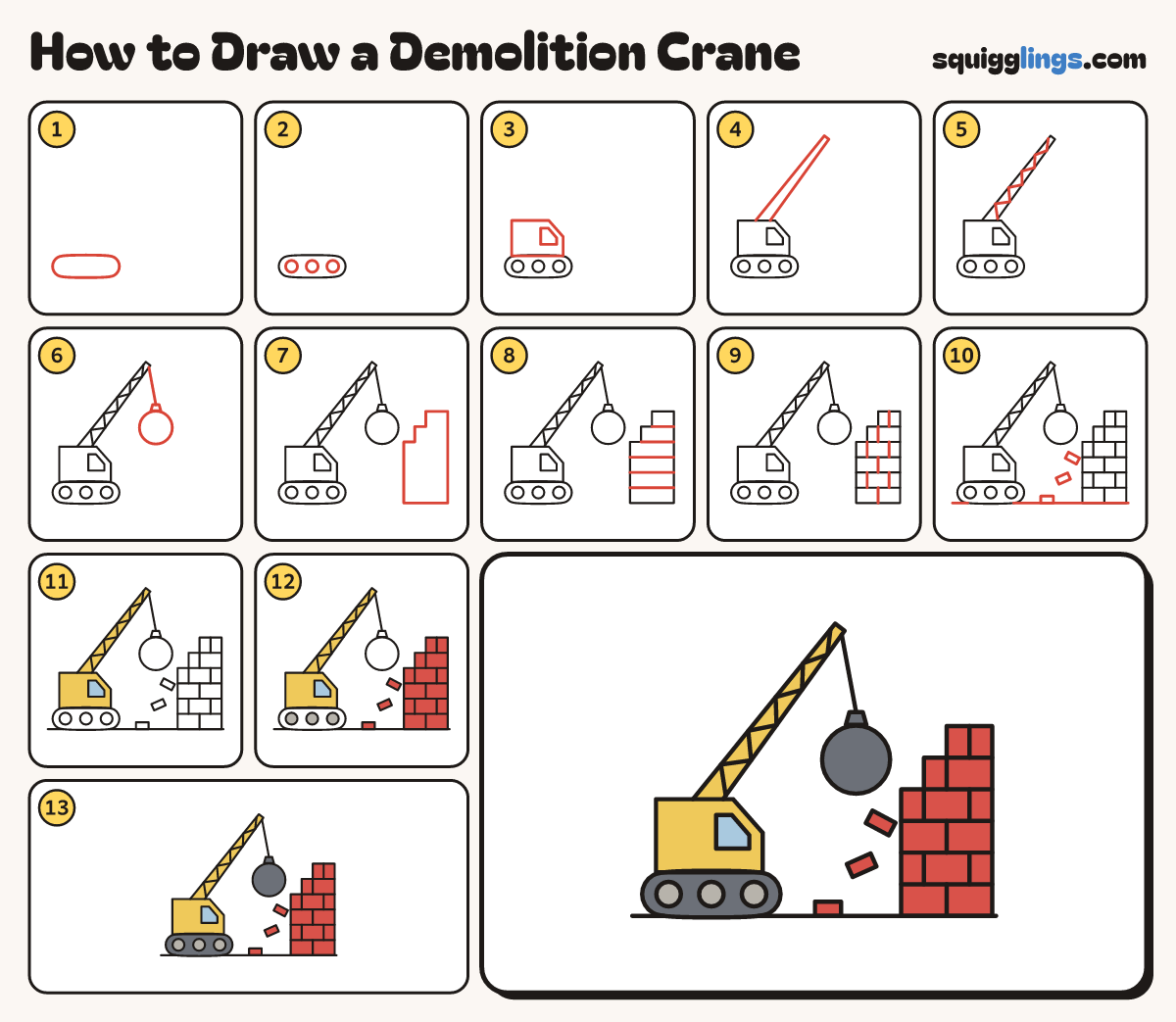 How to Draw a Demolition Crane step by step: all 13 steps in one picture