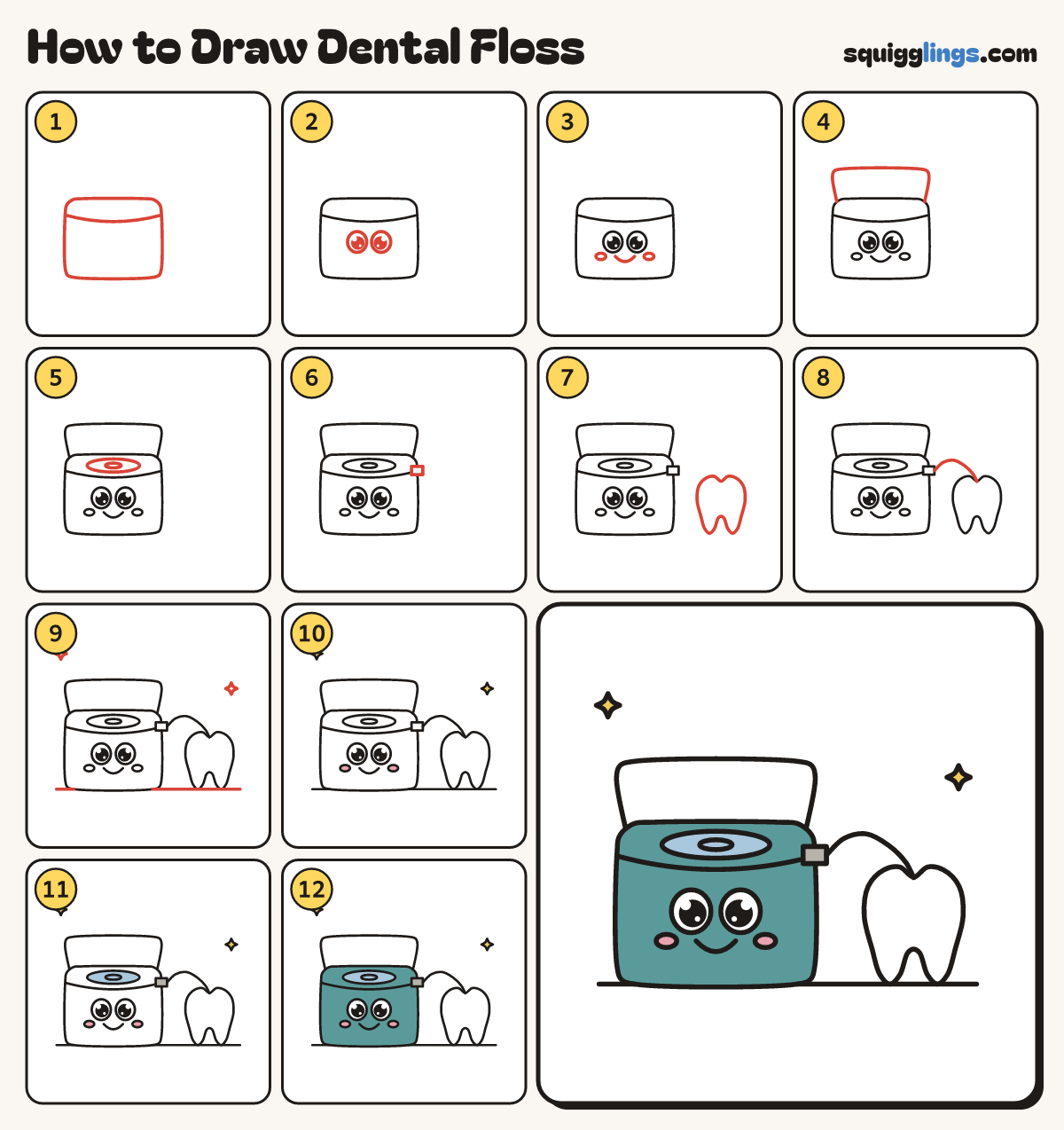 How to Draw Dental Floss step by step: all 12 steps in one picture