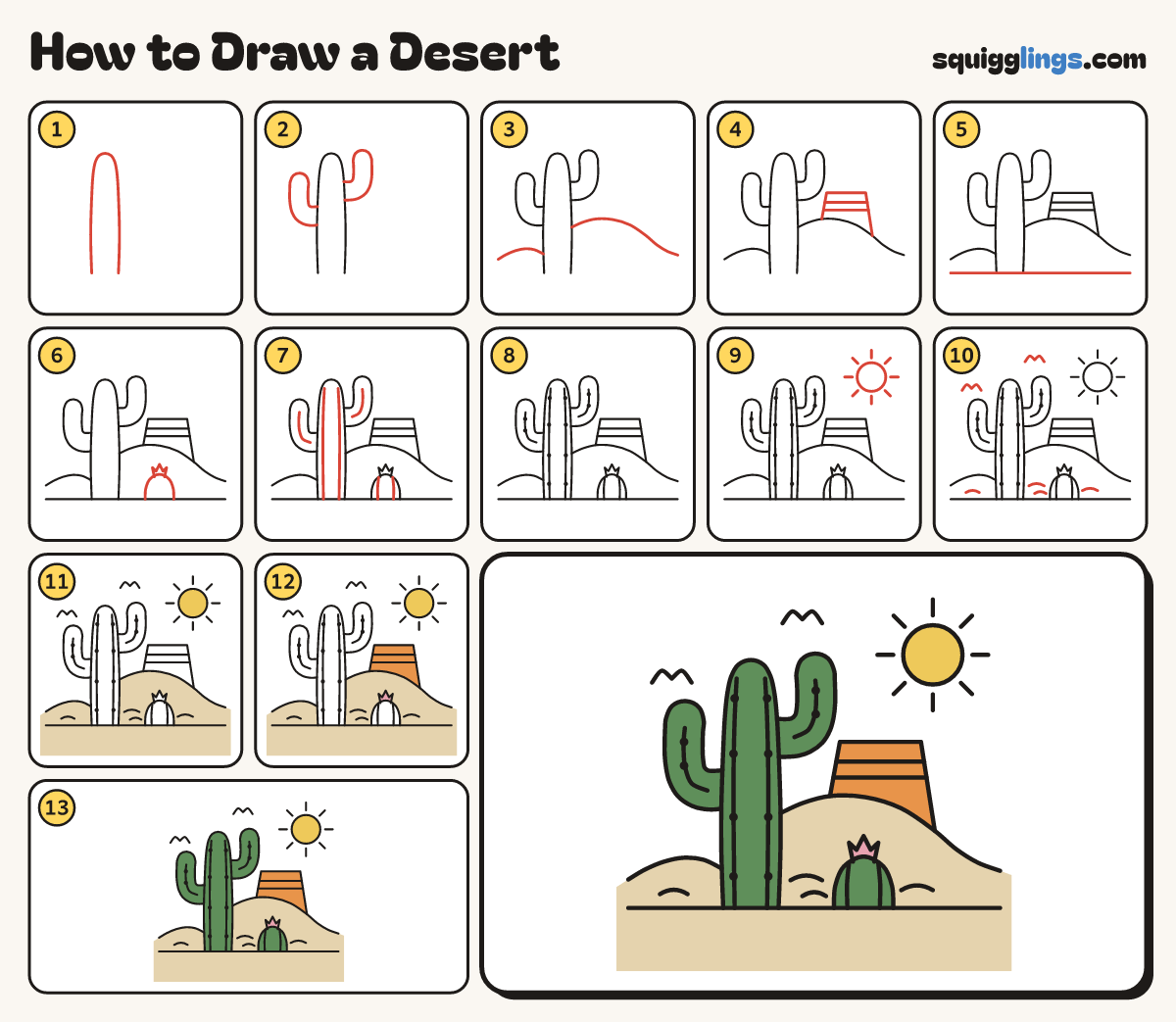 How to Draw a Desert step by step: all 13 steps in one picture