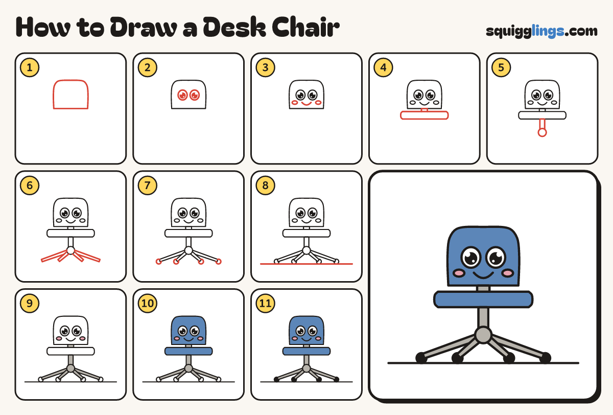 How to Draw a Desk Chair step by step: all 11 steps in one picture