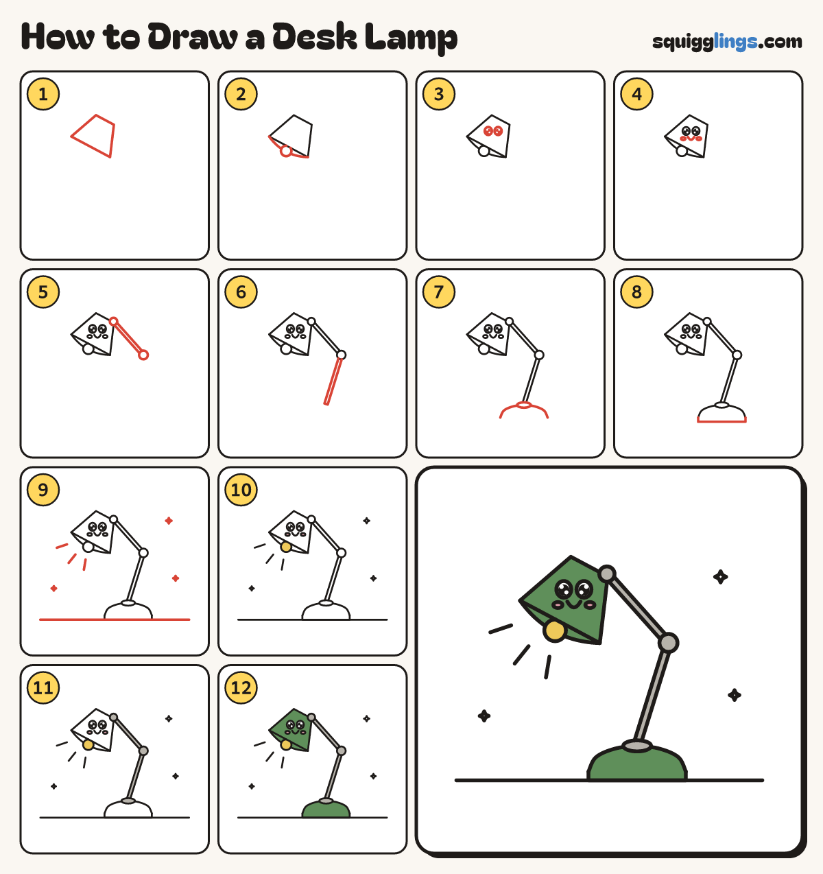 How to Draw a Desk Lamp step by step: all 12 steps in one picture