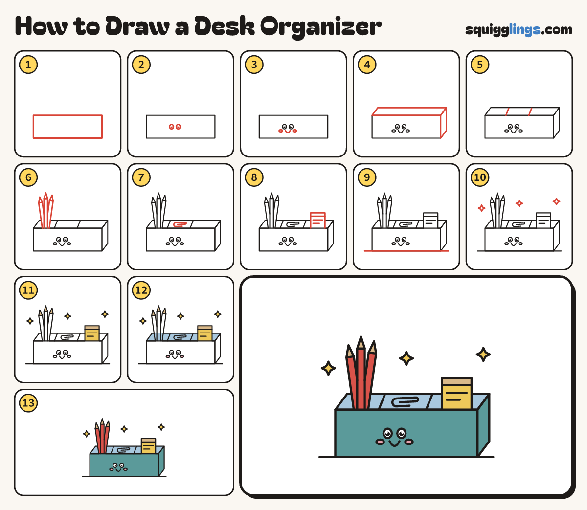 How to Draw a Desk Organizer step by step: all 13 steps in one picture