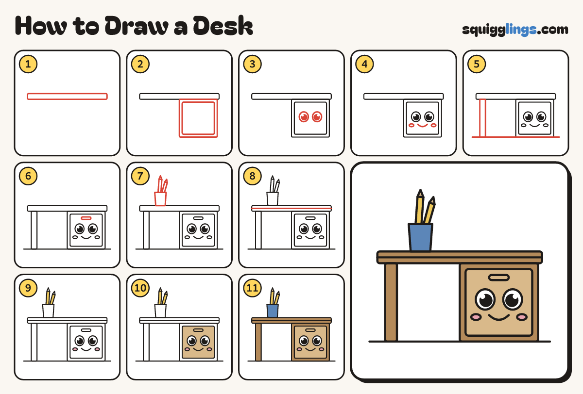 How to Draw a Desk step by step: all 11 steps in one picture
