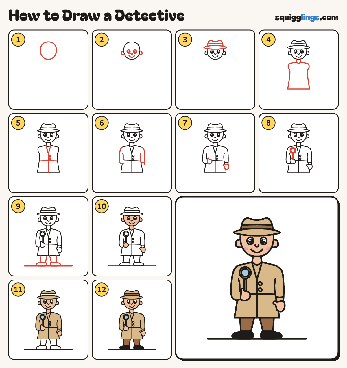 How to Draw a Detective step by step: all 12 steps in one picture