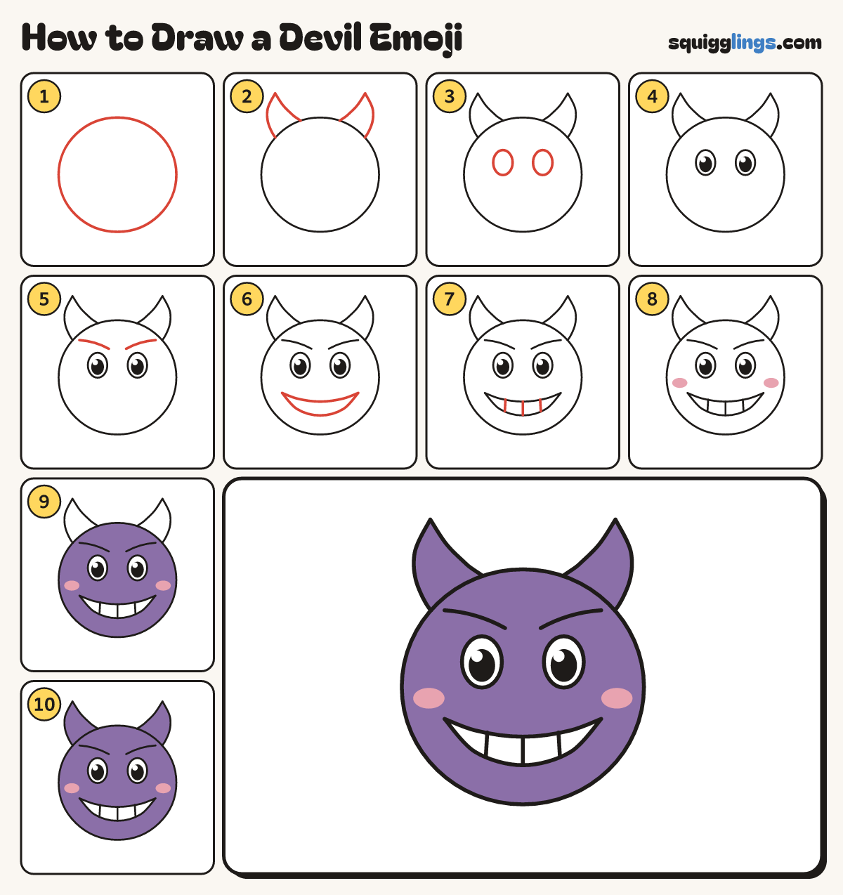 How to Draw a Devil Emoji step by step: all 10 steps in one picture