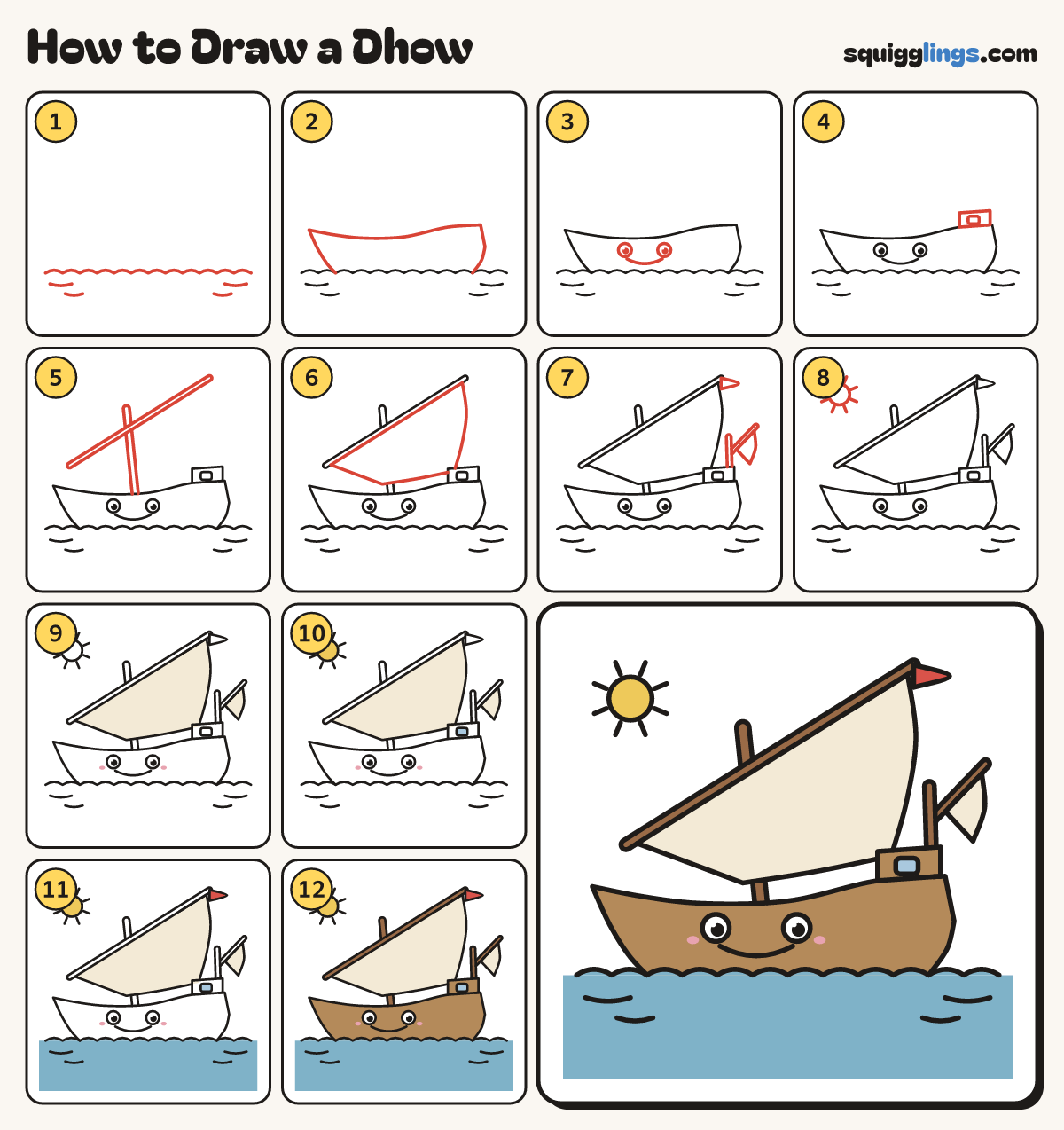 How to Draw a Dhow step by step: all 12 steps in one picture