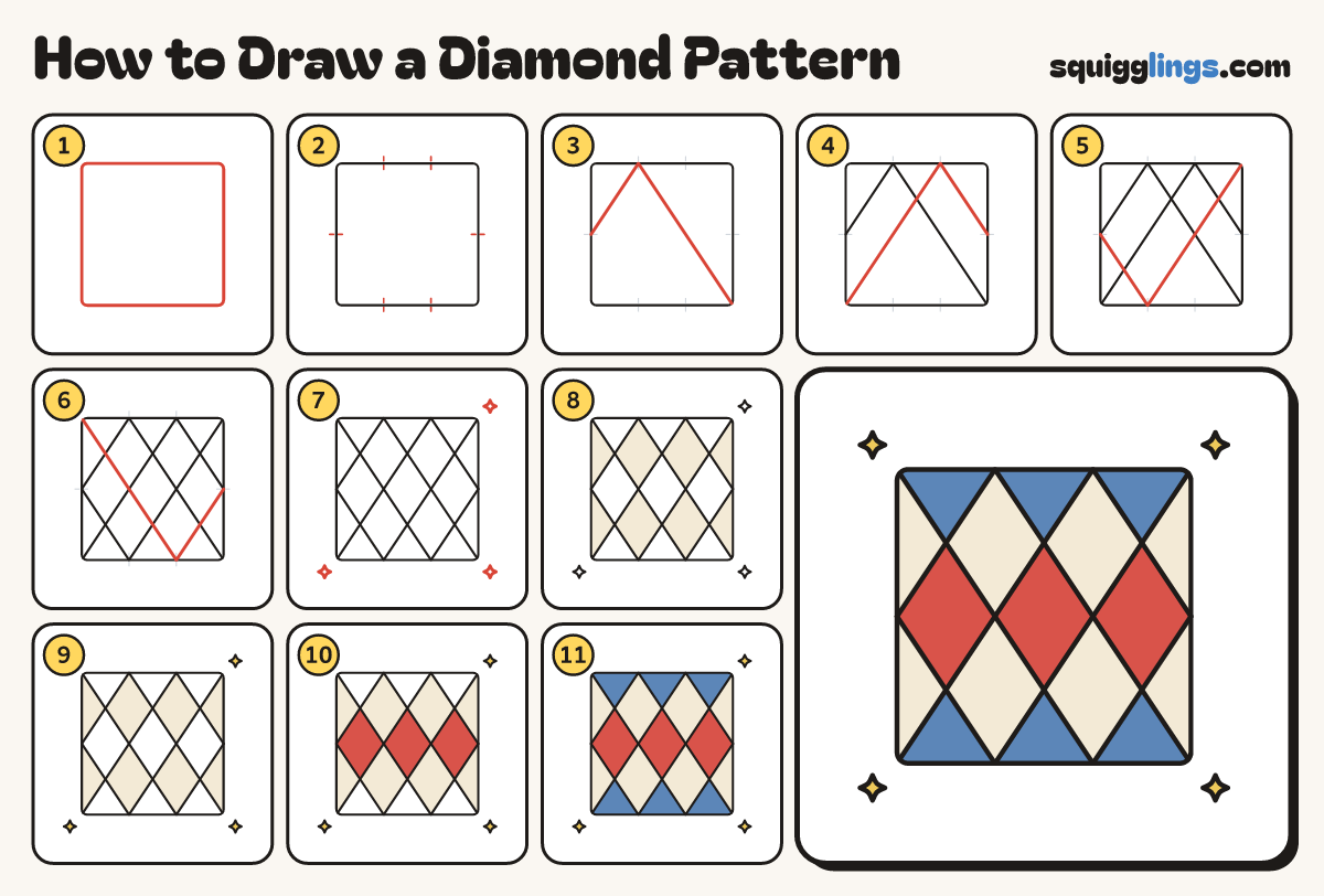 How to Draw a Diamond Pattern step by step: all 11 steps in one picture