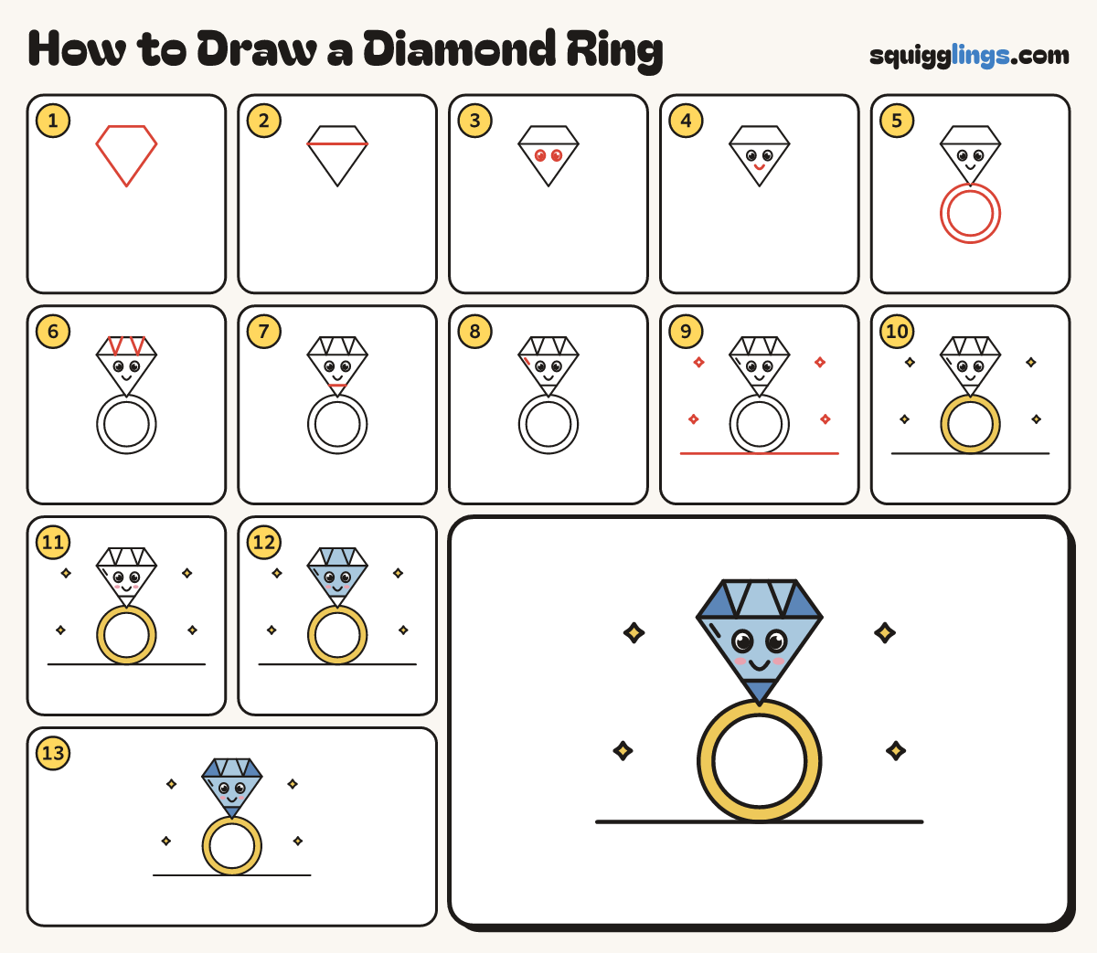 How to Draw a Diamond Ring step by step: all 13 steps in one picture