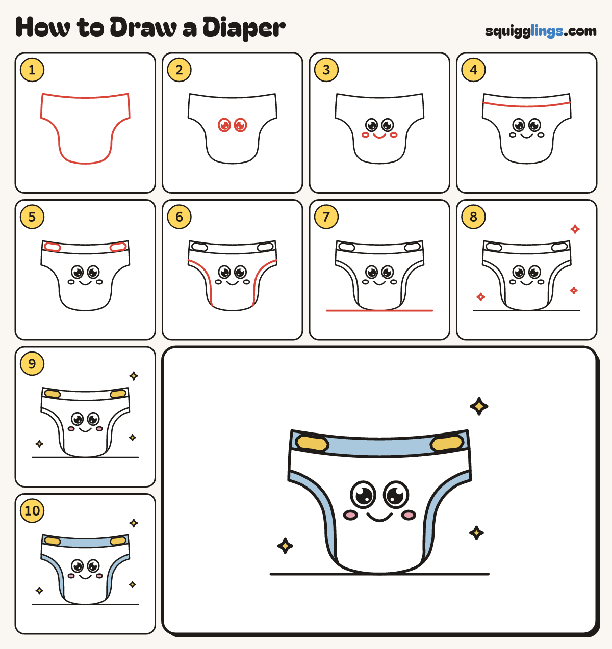 How to Draw a Diaper step by step: all 10 steps in one picture