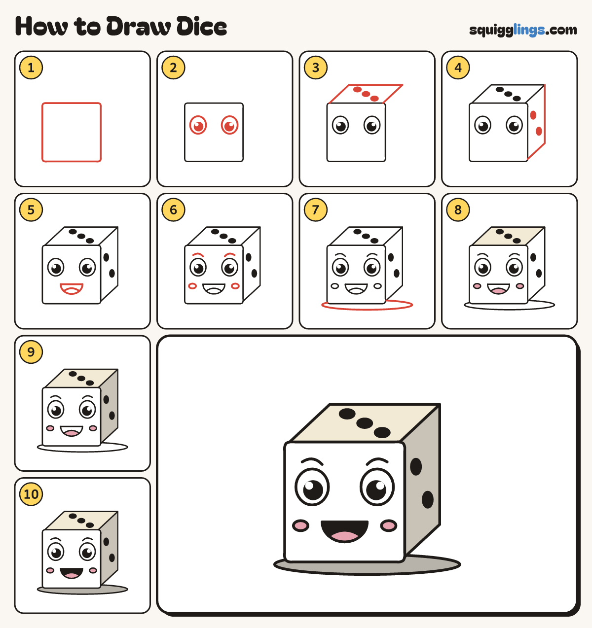 How to Draw Dice step by step: all 10 steps in one picture