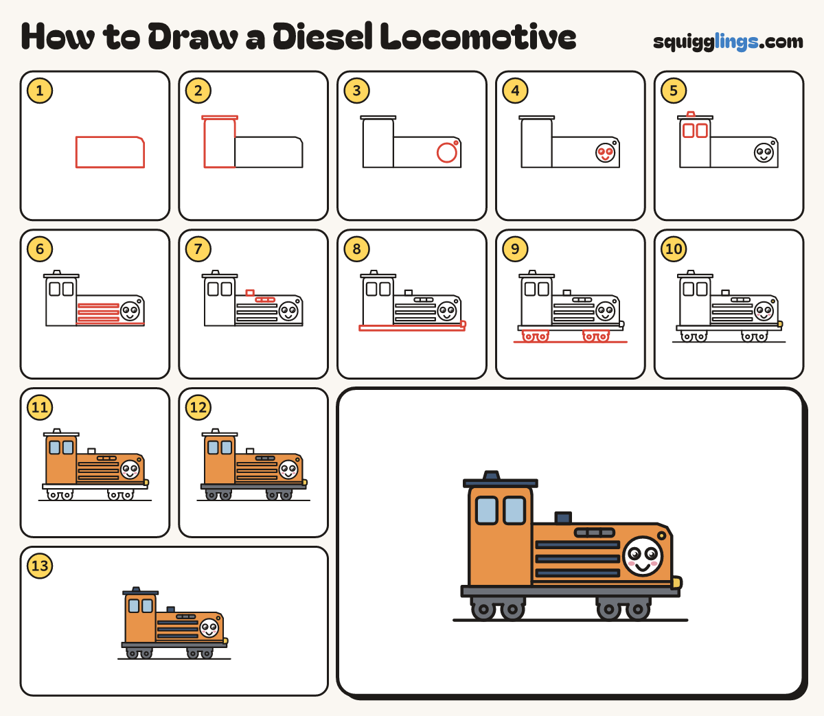 How to Draw a Diesel Locomotive step by step: all 13 steps in one picture