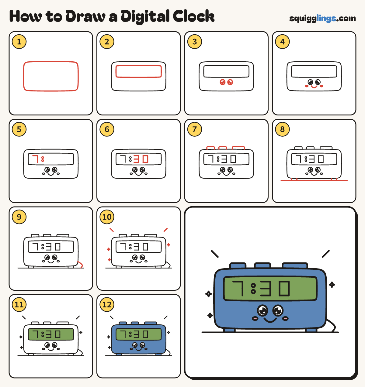 How to Draw a Digital Clock step by step: all 12 steps in one picture