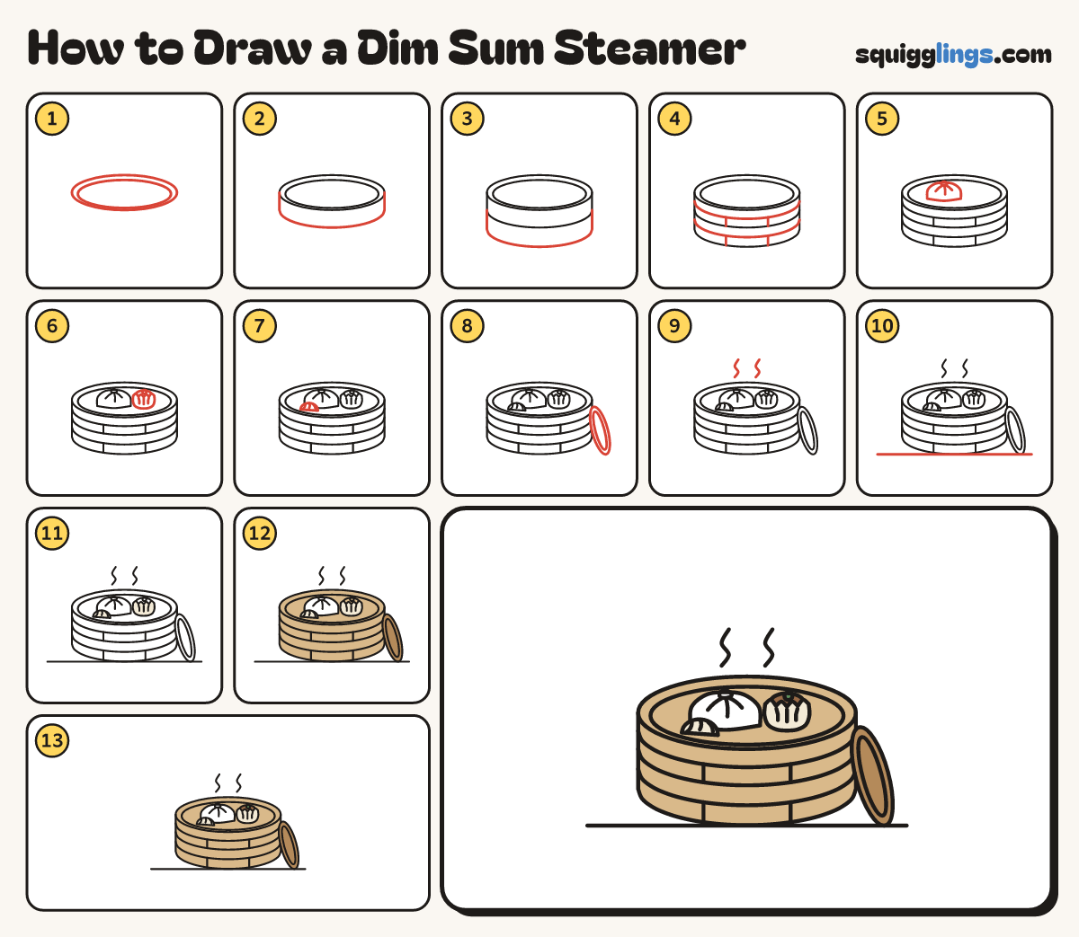 How to Draw a Dim Sum Steamer step by step: all 13 steps in one picture