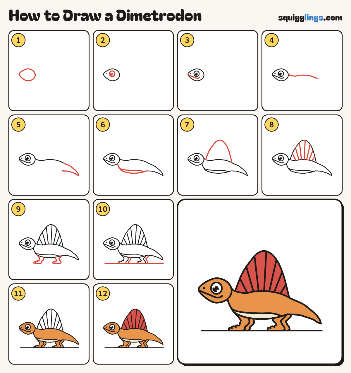 How to Draw a Dimetrodon step by step: all 12 steps in one picture