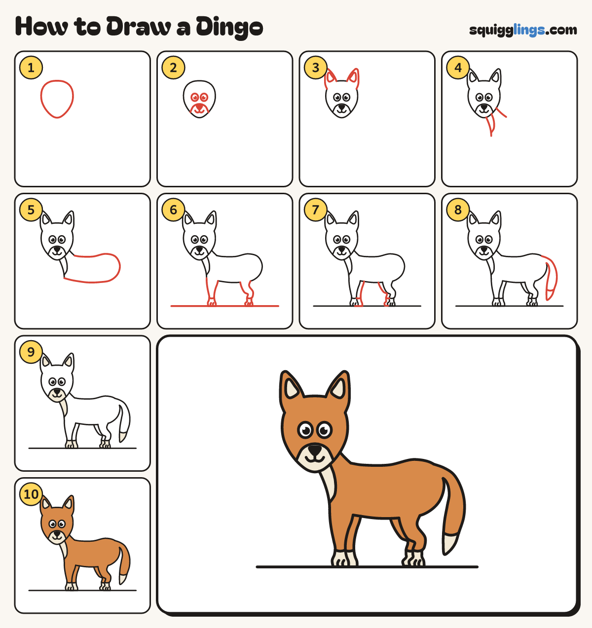 How to Draw a Dingo step by step: all 10 steps in one picture