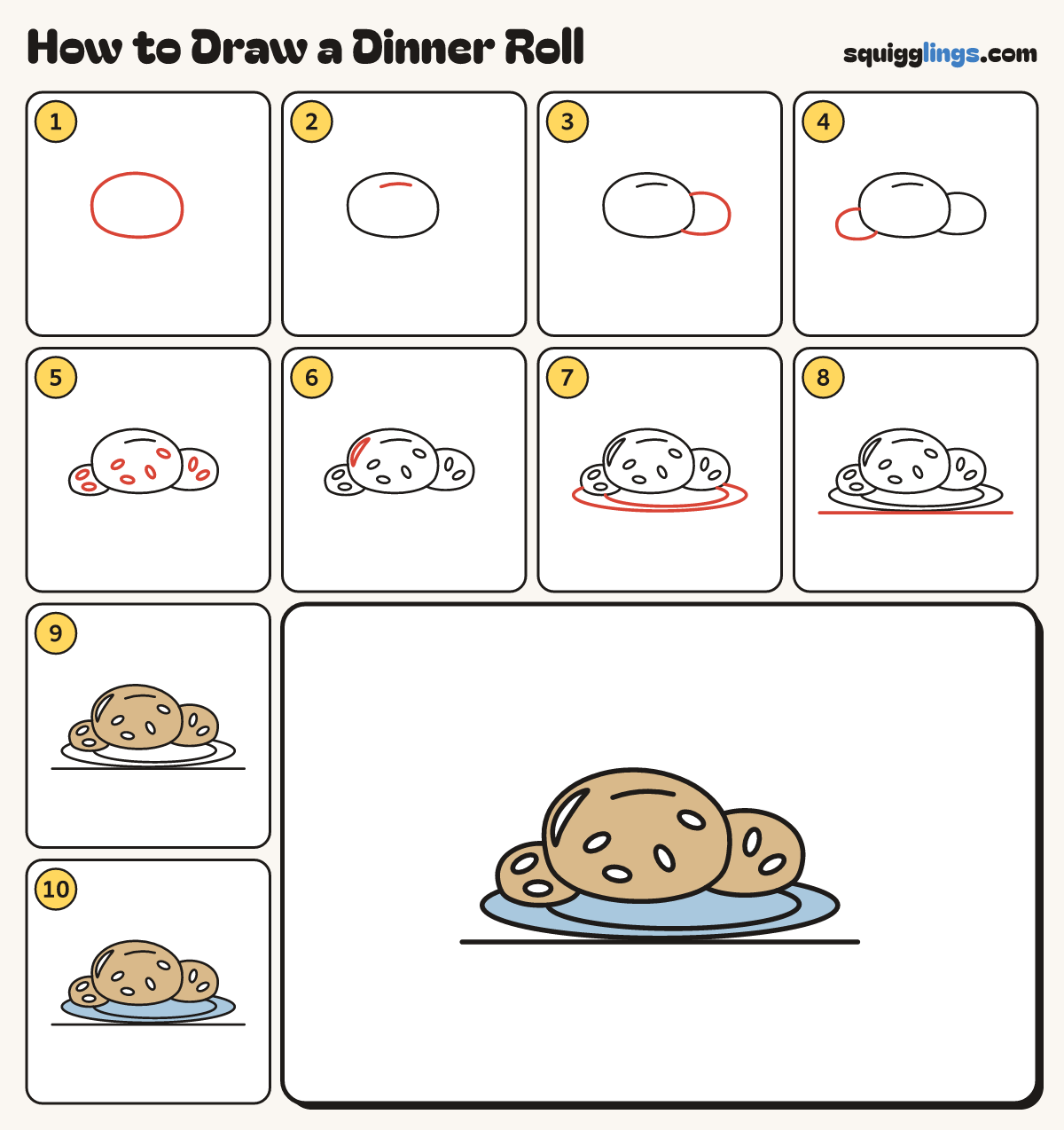 How to Draw a Dinner Roll step by step: all 10 steps in one picture