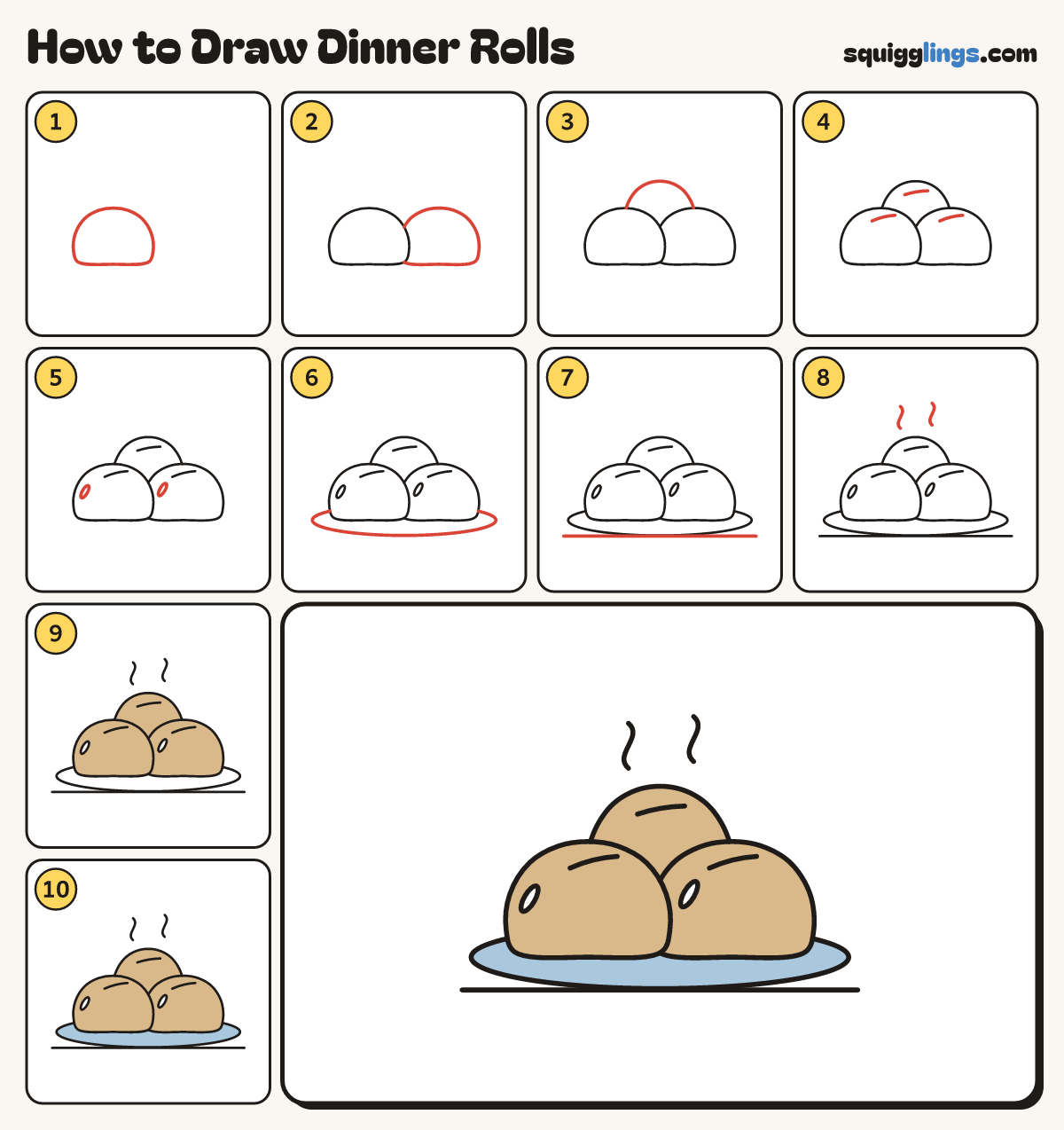 How to Draw Dinner Rolls step by step: all 10 steps in one picture