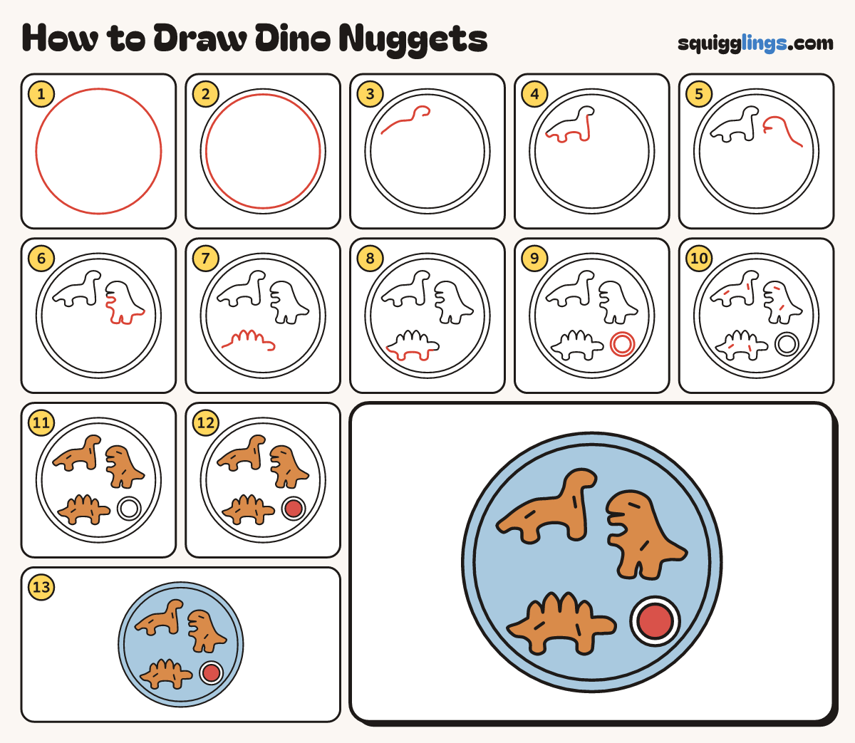 How to Draw Dino Nuggets step by step: all 13 steps in one picture