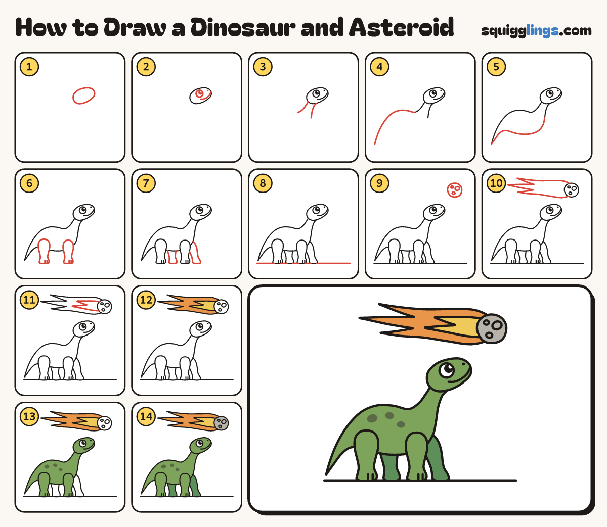 How to Draw a Dinosaur and Asteroid step by step: all 14 steps in one picture