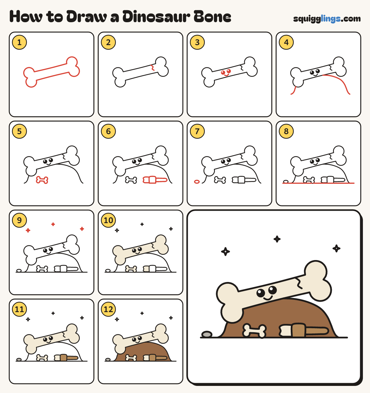 How to Draw a Dinosaur Bone step by step: all 12 steps in one picture