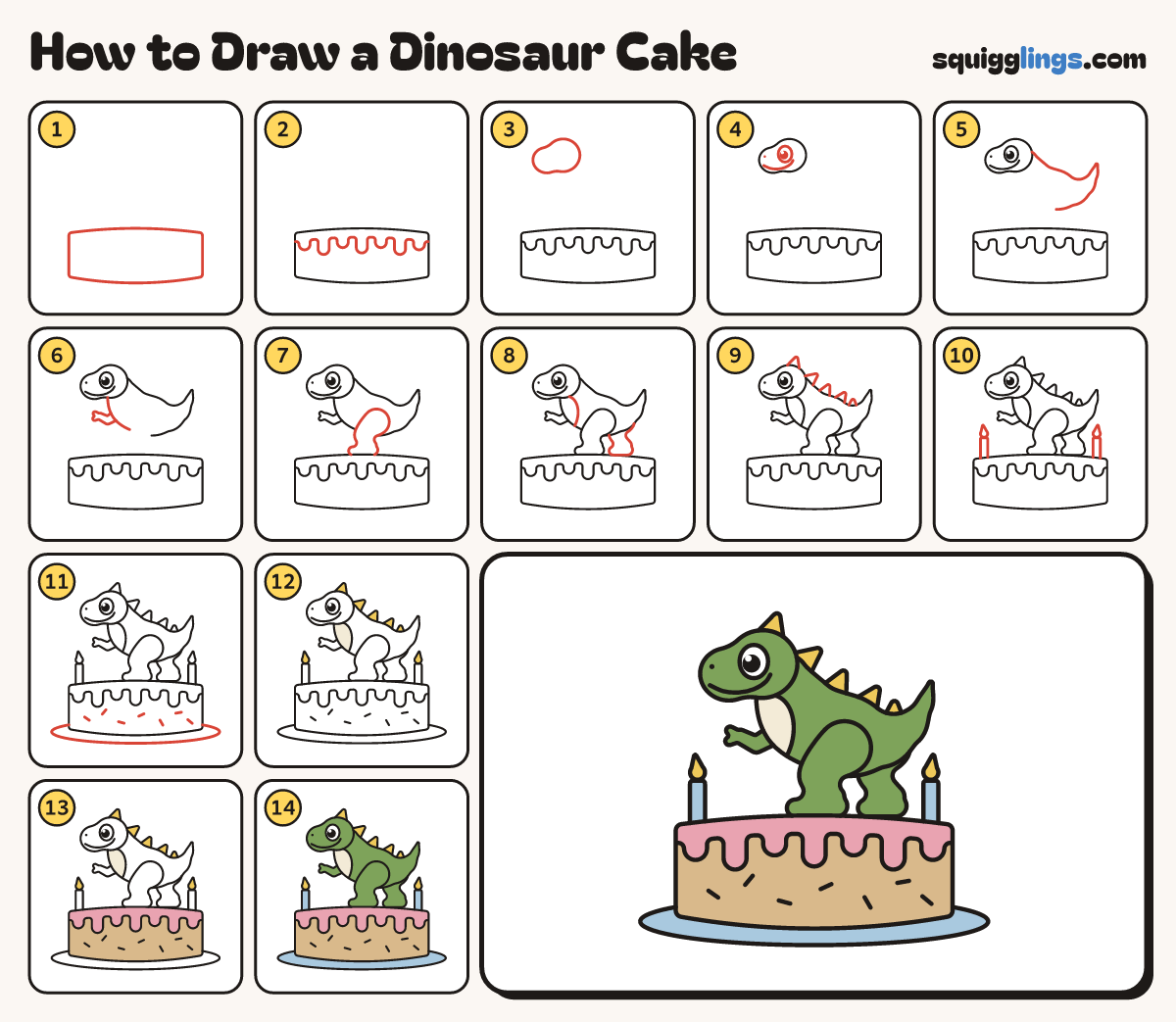 How to Draw a Dinosaur Cake step by step: all 14 steps in one picture