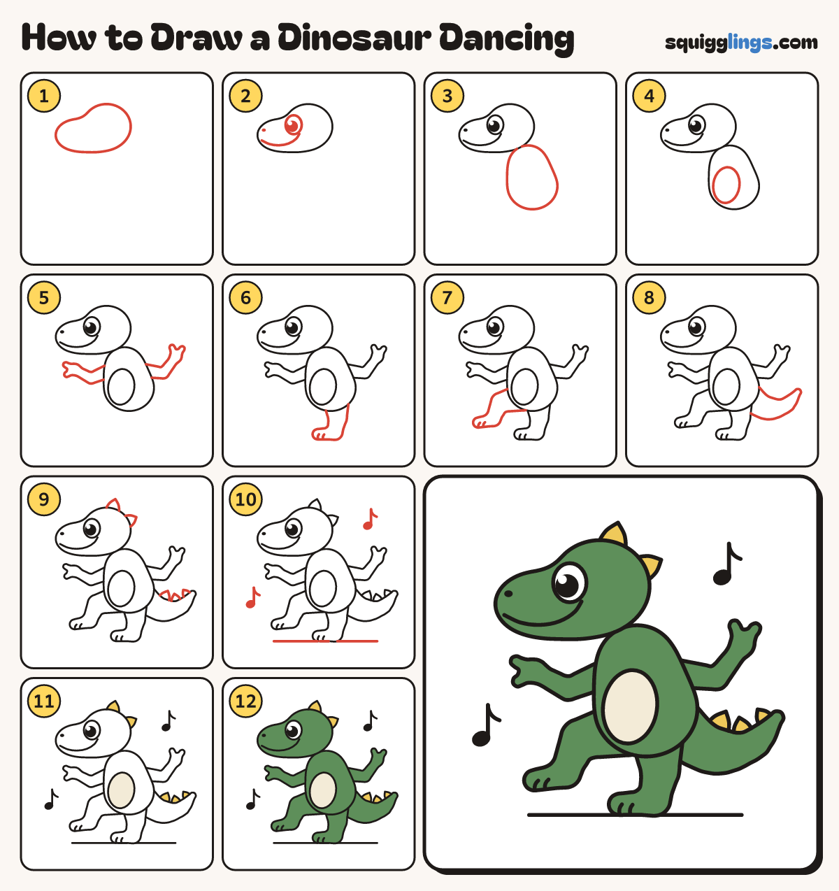 How to Draw a Dinosaur Dancing step by step: all 12 steps in one picture