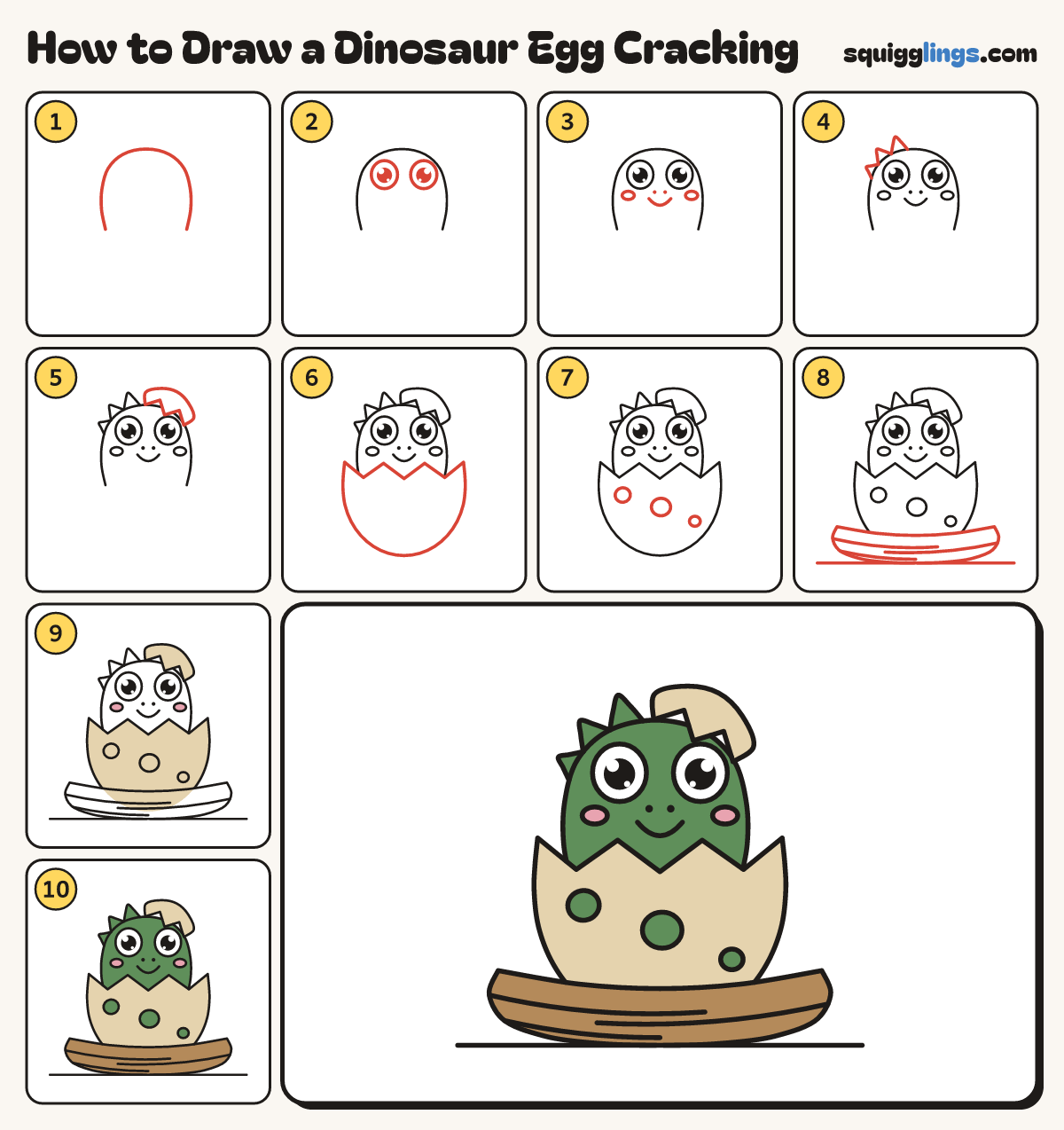 How to Draw a Dinosaur Egg Cracking step by step: all 10 steps in one picture