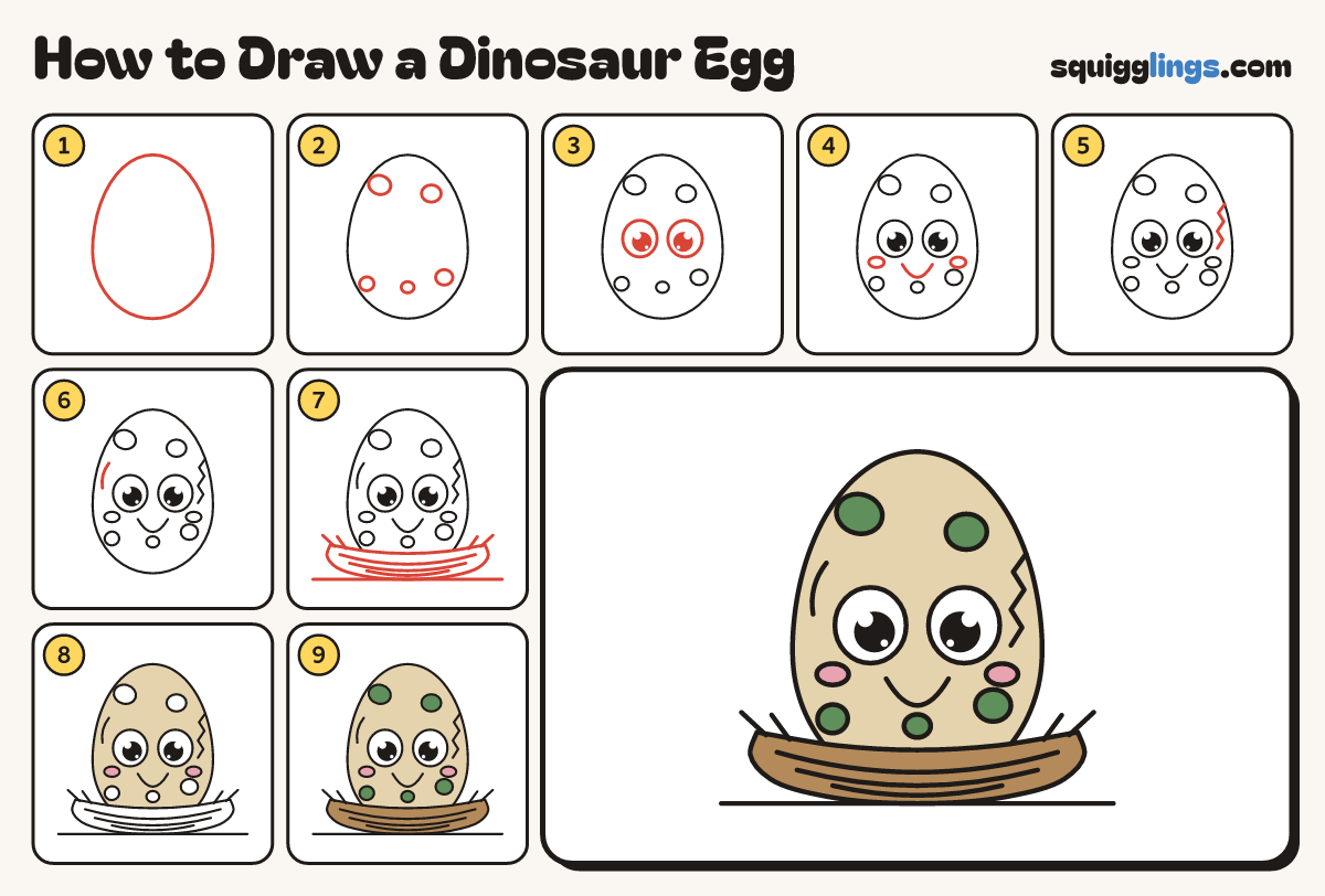 How to Draw a Dinosaur Egg step by step: all 9 steps in one picture