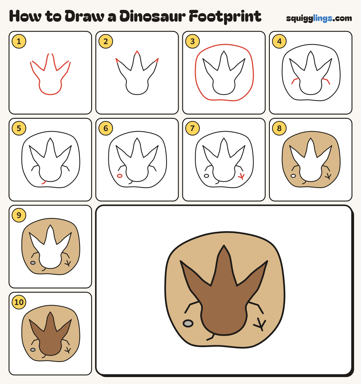How to Draw a Dinosaur Footprint step by step: all 10 steps in one picture